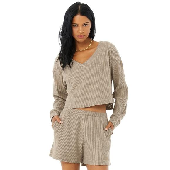 Alo Yoga Muse V-Neck Pullover Gravel Heather Long Sleeve Sweater Top Size Small - Picture 1 of 13